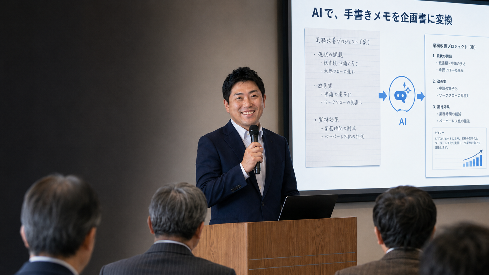 講師の小林英司が、参加者を見ながらAIで手書きメモを企画書に変換する流れを説明している実践型セミナーの様子