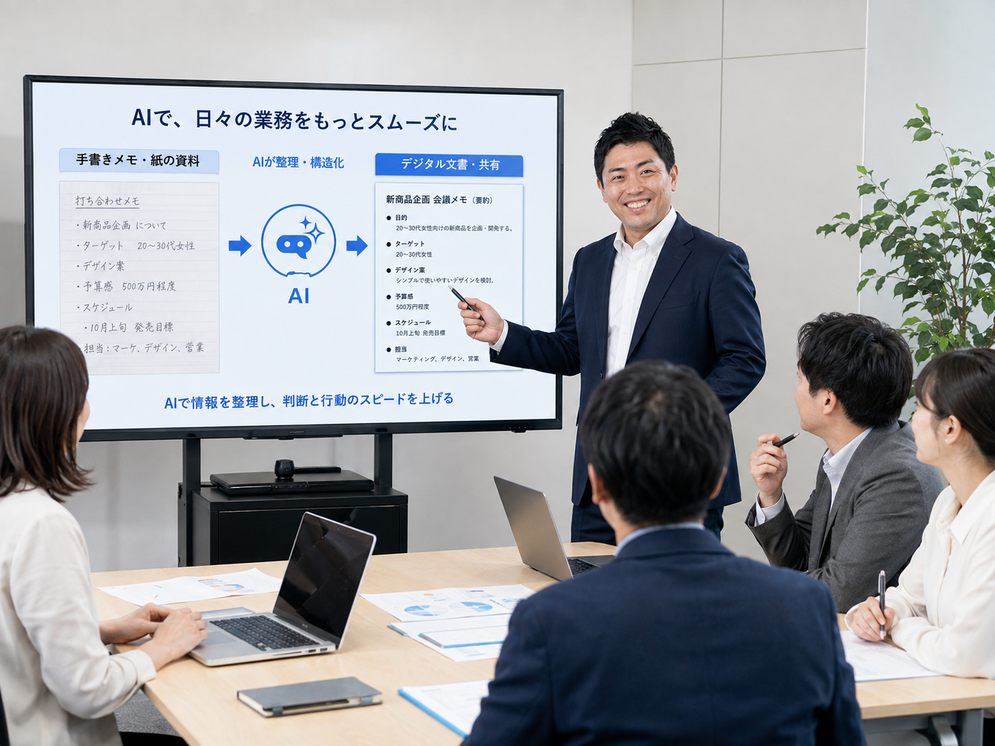 AIを仕事へ活かす方法を話し合う参加者のワークショップイメージ