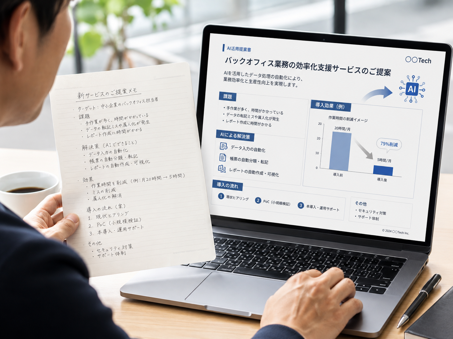 手書きメモをAIで整理し、業務改善の提案書へ変換する実務イメージ